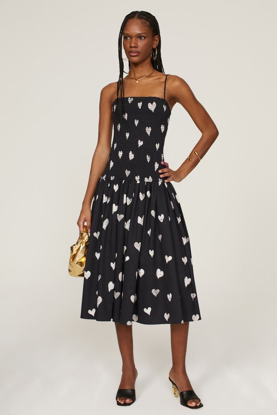 Autumn Adeigbo Winne Black Heart Print Smocked A-Line Square Neck Midi Dress 6